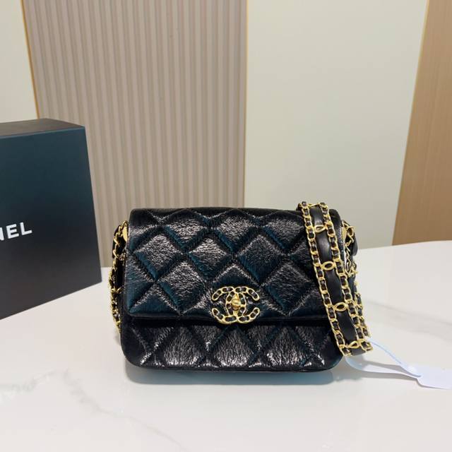 折叠礼盒 Chanel香奈儿23K粗链条双c皮穿链宽肩带黑金方胖子豆腐包尺寸21615Cm