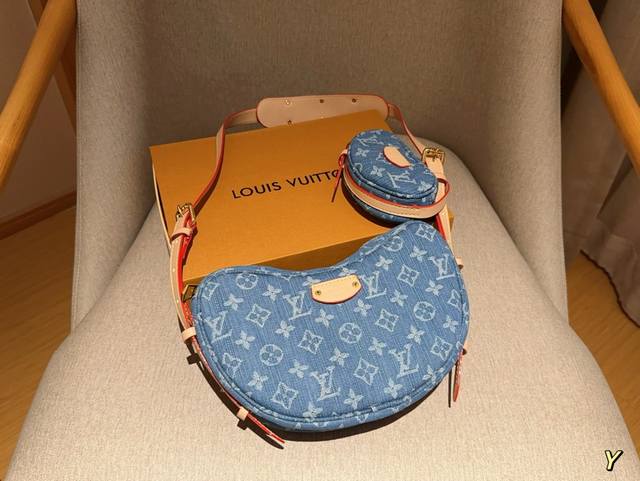 Lv路易威登 24年新款 Croissant 复古丹宁牛仔豌豆包 二合一子母包 尺寸24×13×5 礼盒包装
