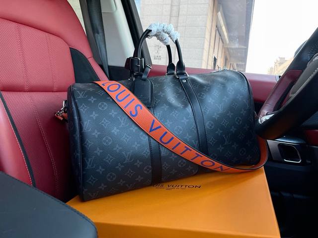 高端货 新款 “Louis Vuitton”lv旅行包 路易威登旅行袋。M40569 配橘色肩带 KEEPALL BANDOULIèRE Keepall 45旅